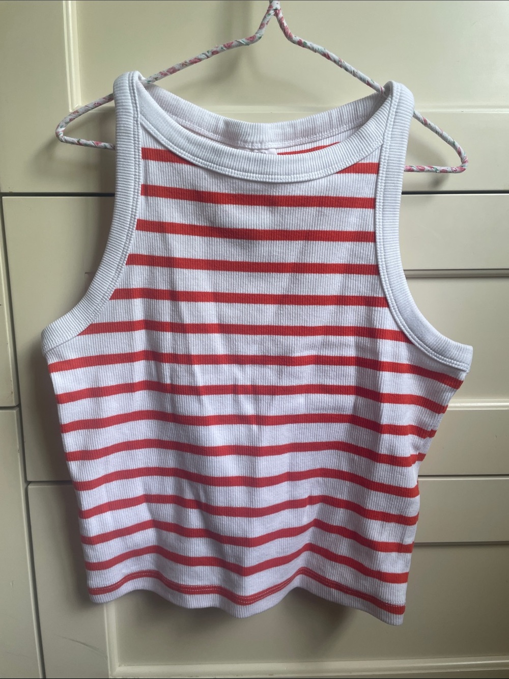 Zara White and Coral-Striped Ribbed Tank Top